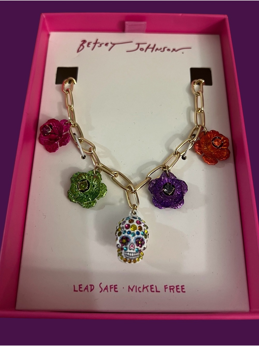 Betsey Johnson Multicolor Flower & Sugar Skull Charm Necklace - Gold Chain